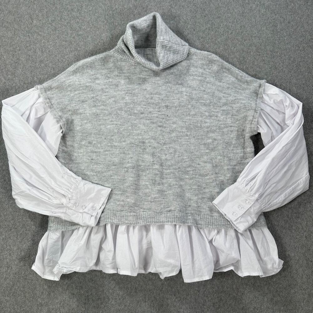 LaBiz Turtleneck Layered Sweater Women's Medium Gray Wool Blend Ruffle Top